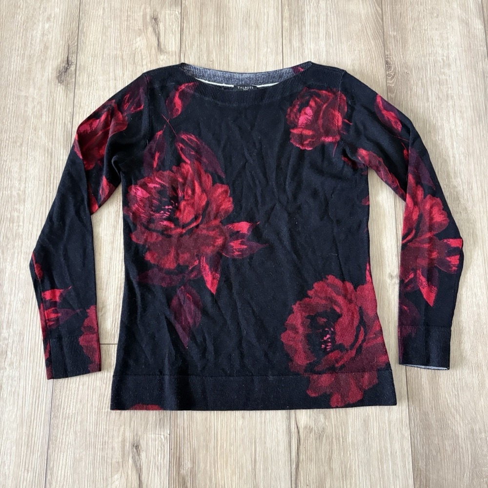 Talbots Woman Size P Merino Wool Sweater Roses Dark Romantic Pullover Floral